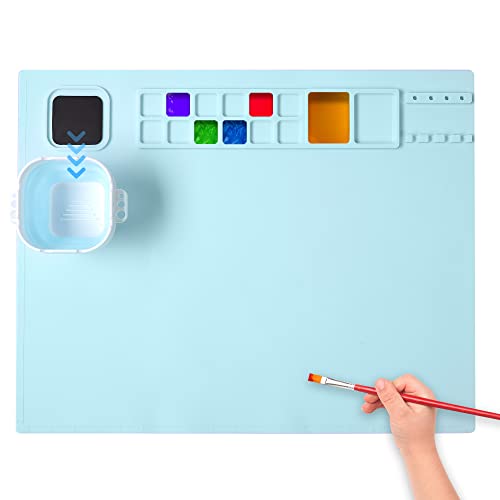 AWOKE Silicone Painting Mat - 20"X16" Silicone Art Mat with 1 Water Cup for Kids - Silcone Craft Mat has12 Color Dividers - 2 Paint Dividers (Blue) - Blue - 20"X16"