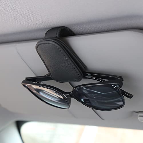 KIWEN Sunglasses Holders for Car Visor, Magnetic Leather Glasses Eyeglass Clip for Car, Ticket Card Clip Sunglasses Mount, Car Visor Accessories Gadgets (1, Black) - Black - 1