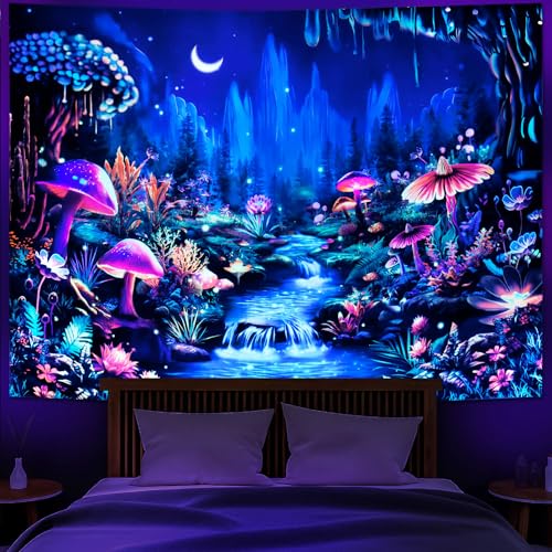 Heopapin Blacklight Tapestry Fantasy Moonlight Mountain Forest Landscape Tapestry UV Reactive Trippy Mushroom Flower Tapestries Mysterious Jungle Neon Plants Wall Hanging for Room W92×H70 - Moonlight Mountain - 70.80" x 92.50"