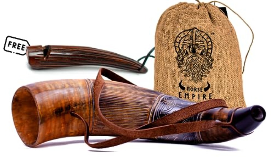 NORSE EMPIRE Viking Blowing Horn with Horn Whistle - Handcrafted Ox Horn Bugle - Loud Sound - Norse Cosplay, Festivals, Ceremonies - Medieval Horn Instrument - Unique Gift - Brown