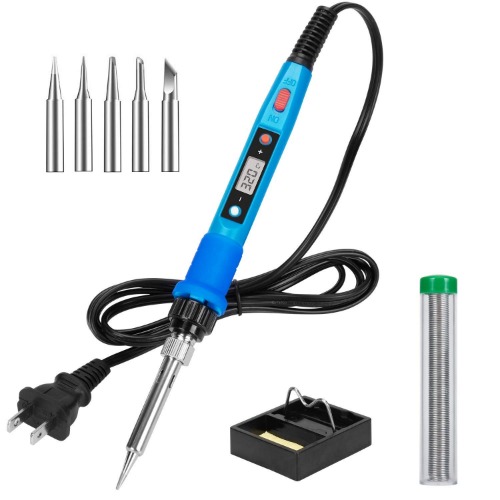 Soldering Iron Kit, 80W 110V LCD Digital Soldering Welding Iron Kit with Ceramic Heater, Portable Soldering Kit with 5pcs Tips, Stand, Solder Tube, Sponge, for Metal, Jewelry, Electric, DIY - 80w- blue