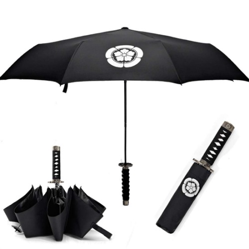 Cool Lemon Samurai Katana Master Sword Hilt Handle Folding Umbrella Anime Portable Travel Japanese Ninja Compact Umbrellas Windproof, Black Glue Anti UV, Business Birthday Gift for Men