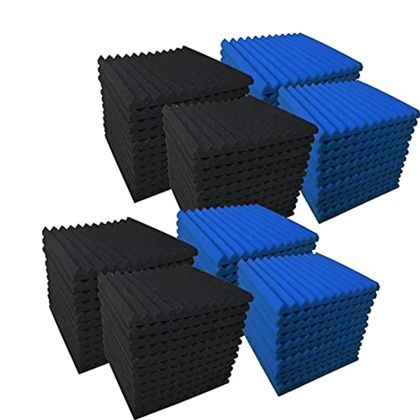 96 Pack Blue/black Absorb the echo Acoustic Foam Panel Wedge Studio Soundproofing Wall Tiles 12" X 12" X 1" - Black/blue