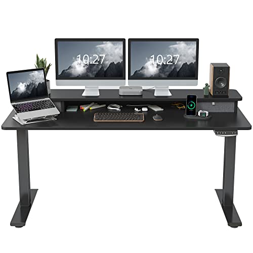 FEZIBO 60 x 24 Inch Height Adjustable Electric Standing Desk with Double Drawer, Stand Up Desk with Storage Shelf, Sit Stand Desk, Black - 60 inch - Black