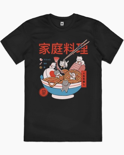 Ramen and Mini Cats T-Shirt | Men's / Black / 2XL