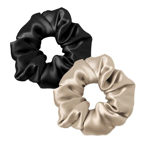 LILYSILK Silk Hair Scrunchies for Frizz Prevention, 100% Mulberry Silk Hair Ties for Breakage Prevention, Elastic ponytail Holders(1 Black+1 Coffee) - 2 Count (Pack of 1) - Coffee + Black