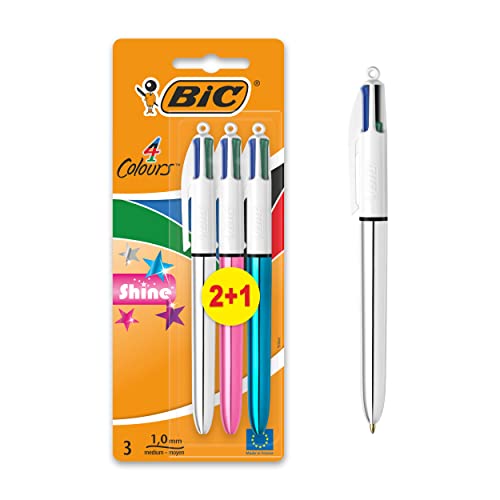 BIC 4 Colours Shine Pens, Multicoloured Pen, Retractable Ballpoint Pens, Biro Pens, Medium 1.0mm, Green, Blue, Black, Red, 3 Pens Per Pack, 1 Pack - Colours Shine