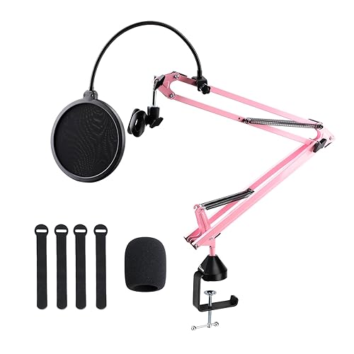Pink Microphone Stand, Mic Boom Arm Suspension Scissor with Shock Mount Microphone Clip Holder Upgraded Desk Clamp for Blue Yeti Snowball Ice and Other Mics - Pink