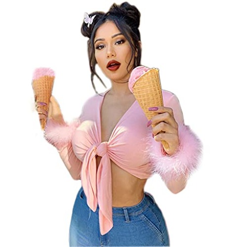 Women's Sexy Long Sleeve Tie Up Crop Top Feather Trim Deep V Neck Basic Tight Shirt Faux Fur Blouse - Medium - A Pink Top