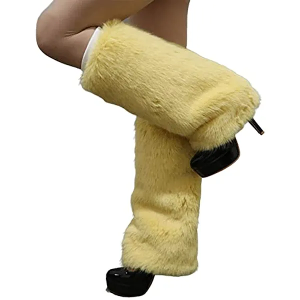 Altsuceser Plush Fuzzy Faux Fur Leg Warmers for Women, Long Boots Shoes Cuff Cover Knee-Length Hipster Warm Sock - 30cm - Yellow