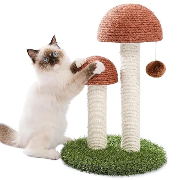 PETEPELA Cat Scratching Post, Mushroom Tall Cat Scratcher Featuring with Natural Sisal Scratching Poles and Interactive Toy Ball for Kittens and Small Cats (Brown) - 18.9" - Mushroom Brown