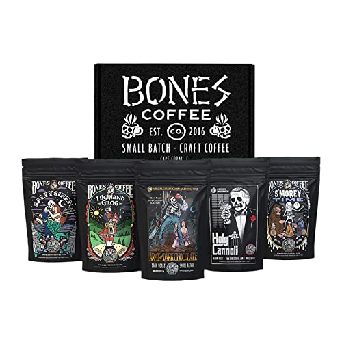 Bones Coffee Company NEW Flavors! Favorite Flavors Sample Pack | 4 oz Pack of 5 Assorted Ground Coffee Beans | Low Acid Medium Roast Gourmet Coffee Beverages (Ground) - 1.25 Pound (Pack of 1) - New Favorite Flavors Pack (Ground)