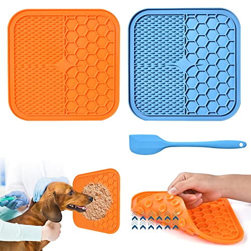 AiQInu Schleckmatte Hund mit Saugnapf,2 Stück Leckmatte Hund BPA-frei mit 1 Silikonspatel,Slow Feeder Hunde Leckmatte,Schleckmatte Katze für Hundebaden,Trainieren,Fellpflege & Krallenpflege (Large) - Large - Orange+blau