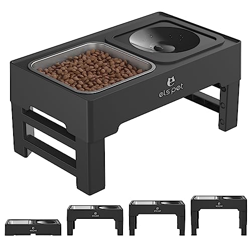 ELS PET Erhöhter Hundenapf: 2-in-1 Auslaufsicher Faltbarer Wassernapf & Edelstahl Napf mit 4 Höhenverstellbarer Napfständer für Große Mittelgroße Kleine Hunde & Haustiere zu Hause - Schwarz-Edelstahl Napf