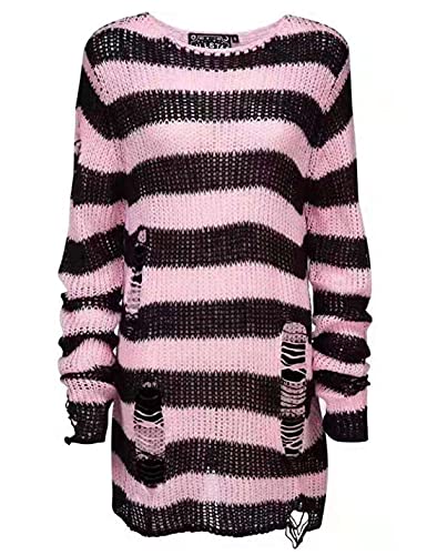 Peaceglad Womens Oversized Goth Punk Ripped Striped Long Sleeve Pullover Sweater Dress Tops - One Size - Pink