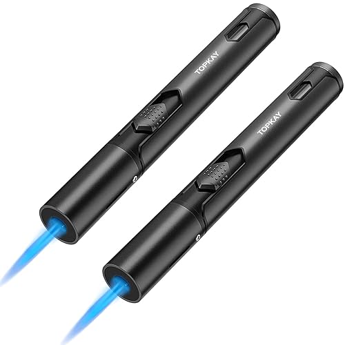 TOPKAY Torch Lighters, 2 Pack, Butane Lighters, Adjustable Jet Flame Torch Lighters, Windproof Butane Refillable Gas Torch Lighter Long Lighter for Candle, Grill, BBQ, Fireworks(Butane Not Included) - Black Torch Lighter