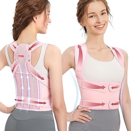 Fit Geno Back Brace Posture Corrector for Women: Shoulder Straightener Adjustable Full Back Support Pain Relief - Scoliosis Hunchback Spine Corrector (Large) - Pink - Large