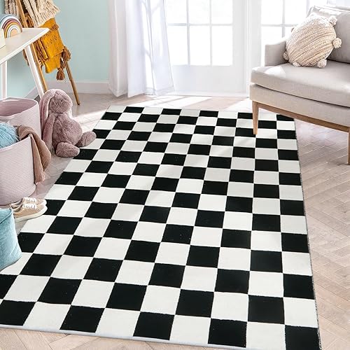 Lahome Black and White Checkered Rug for Living Room, 5x7 Modern Cotton Woven Washable Rugs for Bedroom, Retro Checkerboard Carpet for Kids Room Nursery Playroom, Low Pile Checker Carpets - 5' x 7' - Black and White