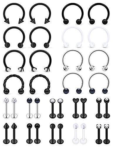 SCERRING 16g Lip Rings Stainless Steel Horseshoe Labret Monroe Lip Rings Nail Tragus Helix Earrings Studs Ring Medusa Piercing Jewelry 8mm 36PCS - 36PCS - Black