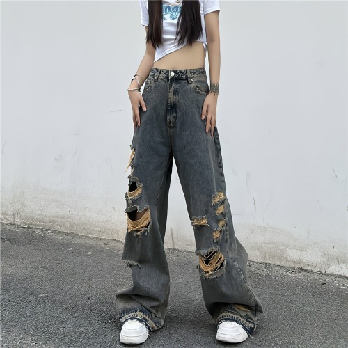 Alternative 'Broken Dreams' Grey Grunge Ripped Baggy Pants - Gray / M-50-55kg