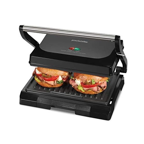 Proctor Silex 4 Serving Panini Press, Sandwich Maker and Compact Indoor Grill, Upright Storage, Easy Clean Nonstick Grids, Black (25440PS) - Panini Press