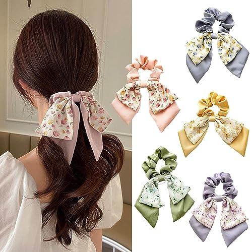 5 Pcs Floral Hair Scarf Scrunchies Bowknot hair ribbons Hand Bands Elastic Ropes Ponytail Holder Printed Flower Bow Scrunchy Soft Scarf Hair Ties for Women Girls