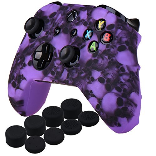 YoRHa Water Transfer Printing Skull Silicone Cover Skin Case for Microsoft Xbox One X & Xbox One S Controller x 1(Purple) with PRO Thumb Grips x 8 - Skull Purple