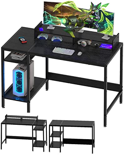 MINOSYS Computer Desk - 38” Gaming Desk, Home Office Desk with Storage, Small Desk with Monitor Stand, Writing Desk for 2 Monitors, Adjustable Storage Space, Modern Design Corner Table, Black. - Black - 39 inch