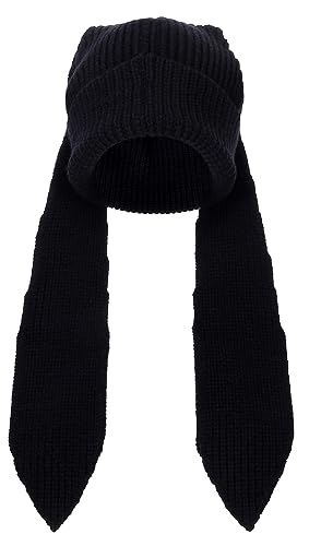 Knit Beanie Hats Cute Bunny Long Ears Funny Hat Fluffy Winter Cap Warm Knit Rabbit Crochet Skull Cap Outdoor Slouchy Hat - One Size - No Threads Black
