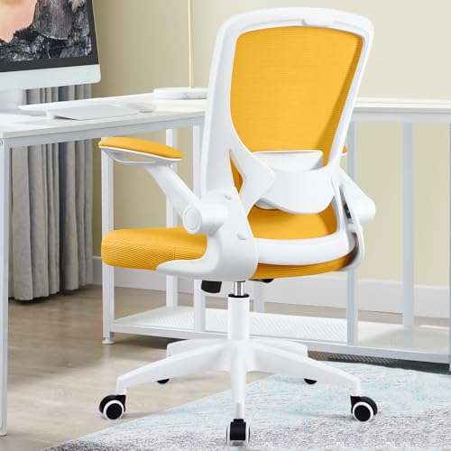 KERDOM Ergonomic Office Chair, Breathable Mesh Desk Chair, Lumbar Support Computer Chair with Wheels and Flip-up Arms, Swivel Task Chair, Adjustable Height Home Gaming Chair - Yellow - 9060
