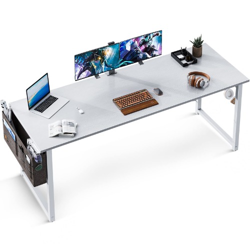 ODK 63 inch Super Large Computer Writing Desk Gaming Sturdy Home Office Desk, Work Desk with A Storage Bag and Headphone Hook, White + White Leg - 63 inch White + White Leg
