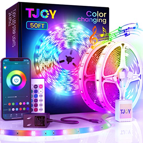 TJOY 50ft Bluetooth LED Strip Lights, Music Sync 5050 LED Light Strip RGB Color Changing LED Lights Strip with Phone Remote, LED Lights for Bedroom Kitchen TV Party TIKTOK DIY (APP+Remote +Mic) - 50 ft