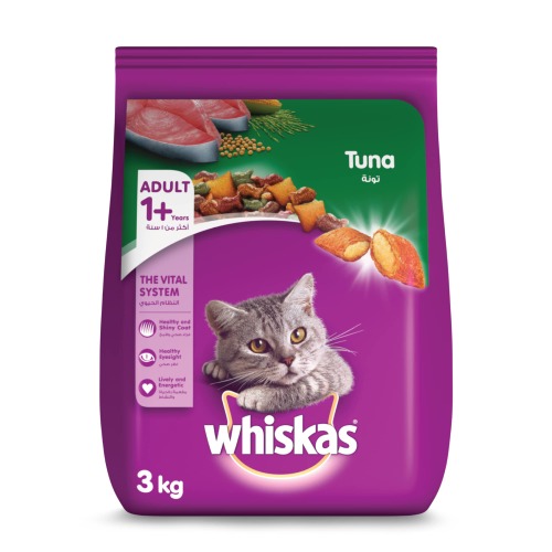 Whiskas Tuna Dry Food, for Adult Cats 1+ Years, Formulated to Help Cats Maintain a Healthy Digestive Tract and Sustain a Healthy Weight, Complete Nutrition & Great Taste, Bag of 3kg