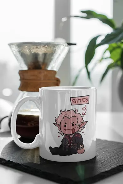 Astarion Bites,  Vampire Mug, Animated Astarion, Baldurs Gate 3 Merch, Baldurs Gate Fan, Gamer Coffee Mug, Video Game,  White 11 oz Mug Gift