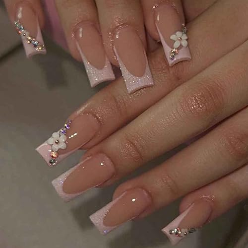 Foccna 3D Flower Fake Nails Square Pink French Press on Nails Long Bling Glossy Rhinestone False Nail Tips Artificial Nails Finger Manicure for Women and Girls 24pcs - Floral