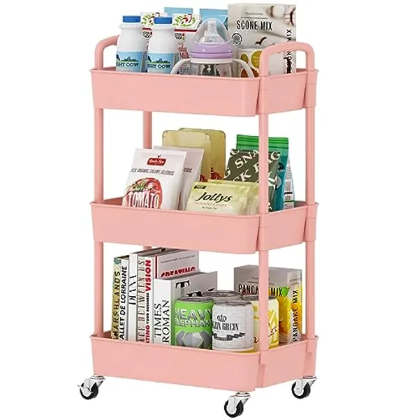 Sywhitta 3-Tier Plastic Rolling Utility Cart with Handle, Multi-Functional Storage Trolley for Office, Living Room, Kitchen, Movable Storage Organizer with Wheels, Pink