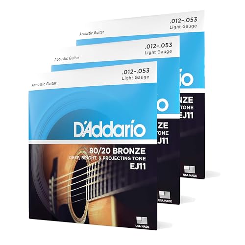D'Addario EJ11-3D 80/20 Bronze Acoustic Guitar Strings, 12-53, 3 Sets, Light - 3-Pack - Light, 12-53