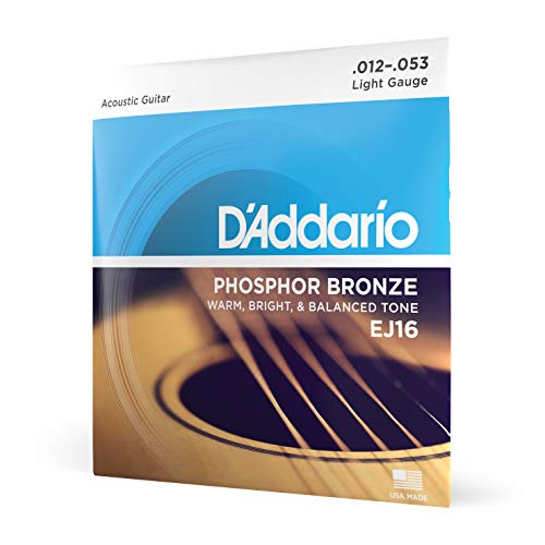 D'Addario Guitar Strings - Phosphor Bronze Acoustic Guitar Strings - EJ16 - Rich, Full Tonal Spectrum - For 6 String Guitars - 12-53 Light - Light, 12-53 - 1-Pack