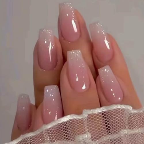 Hkanlre Bling Coffin Press on Nails Fake Nails Tips Full Cover Medium False Gradient Nails for Women and Girls 24PCS (Coffin pink) - Coffin pink