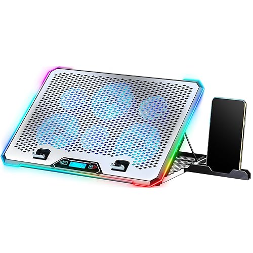 KYOLLY Aluminum Alloy Laptop Cooling Pad，RGB Gaming Laptop Cooler with 6 Quiet Cooling Fans for 15.6-17.3 inch laptops, 9 Height Stand, LCD Screen, 4 USB Ports with 1 3.0HUB 2 2.0HUB, Lap Desk Use - Aluminum Alloy