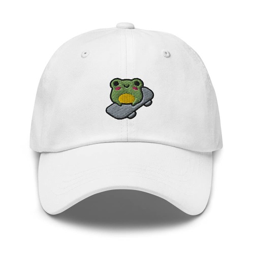 Cute Frog on Skateboard - Basketball Cap - Kawaii Cottagecore Skater Dad hat - One Size White