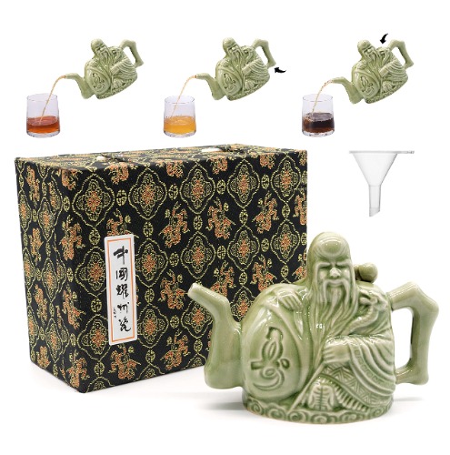 LURRIER Assassins Teapot, Handmade Chinese Ceramic Tea Kettle, One Pot Three Drinks,Two Chambers Teapot, Drink Dispenser, Magic Trick Teapot with Gift Box, 16 oz(Green) - 