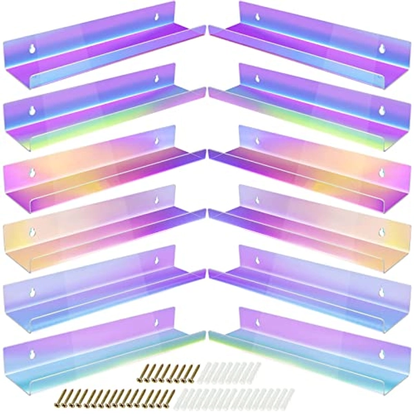 Reginary 12 Pieces Acrylic Floating Shelf 15 Inch with Mounting Kit Wall Ledge Bookshelf for Kids Wall Mounted Book Display Shelves Storage Shelves Display Organizer for Toy Nursery (Iridescent)