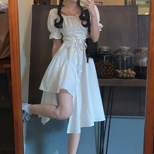 Asymmetric Summer Dress - White / M