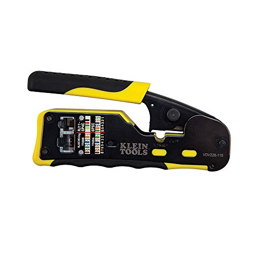 Klein Tools VDV226-110 Ratcheting Modular Data Cable Crimper / Wire Stripper / Wire Cutter for RJ11/RJ12 Standard, RJ45 Pass-Thru Connectors - Crimper