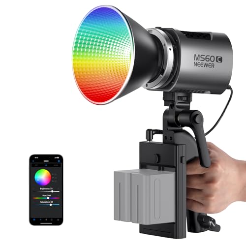 NEEWER MS60C RGBWW LED Video Light with 2.4G/APP Control, 65W Metal Mini RGB COB Continuous Output Lighting Bowens Mount Handheld Spotlight 2700K-6500K,8300lux/1m, CRI 97+/TLCI 98+,17 Effects + RGBCW - 65W