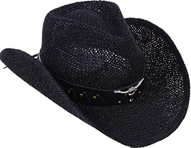 Livingston Men & Women's Woven Straw Cowboy Hat w/Hat Band - One Size - Black