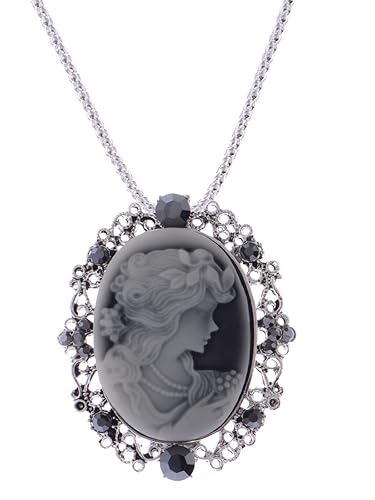 Vintage Inspired Rhinestones Lady Victorian Pendant Necklace - Gunmetal