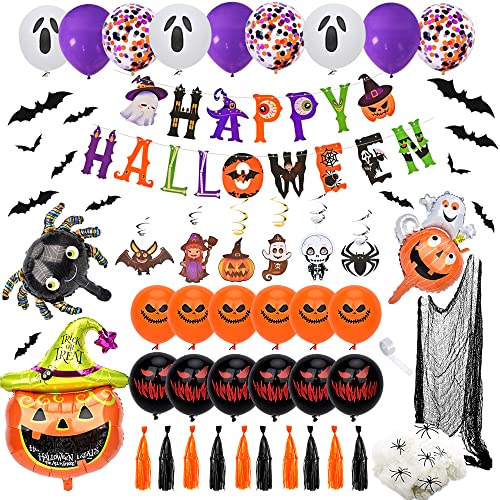 Halloween Decorations- Halloween Balloons Set for Party Decoration, 60pcs Indoor Halloween Decor Kit with 3D Bats,Cobweb,Creepy Cloth and Happy Halloween Banner, Halloween Decoration Bundle for Kid - Orange