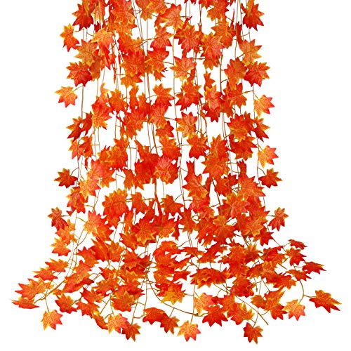 CQURE 12 Pack Autumn Fall Leaf Garland, Hanging Fall Vines Maple Garland Artificial Fall Maple leaves Garland Thanksgiving Decor for Home Wedding Fireplace Party - Orange-12pcs